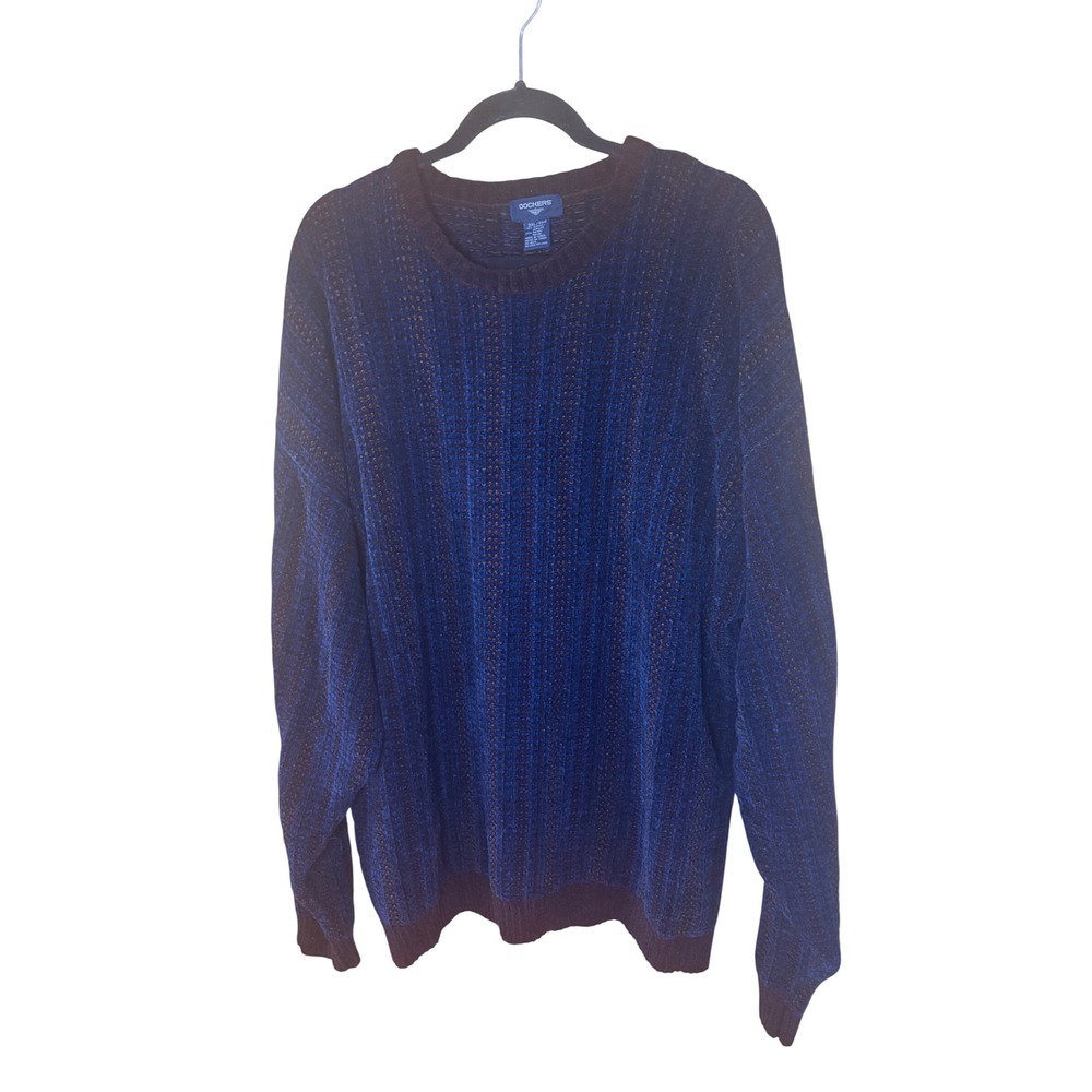 Dockers Mens 3XL Blue Burgundy Textured Chenille Knit Crewneck Sweater Vintage
